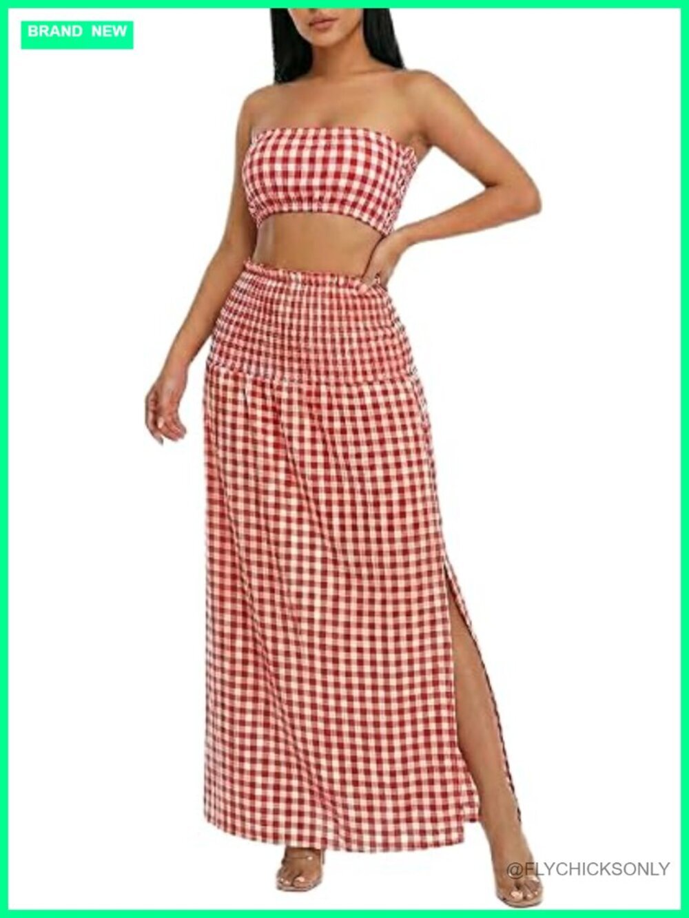 Strapless Tube Bandeau Gingham 2 Piece Maxi Skirt Set Tummy Control